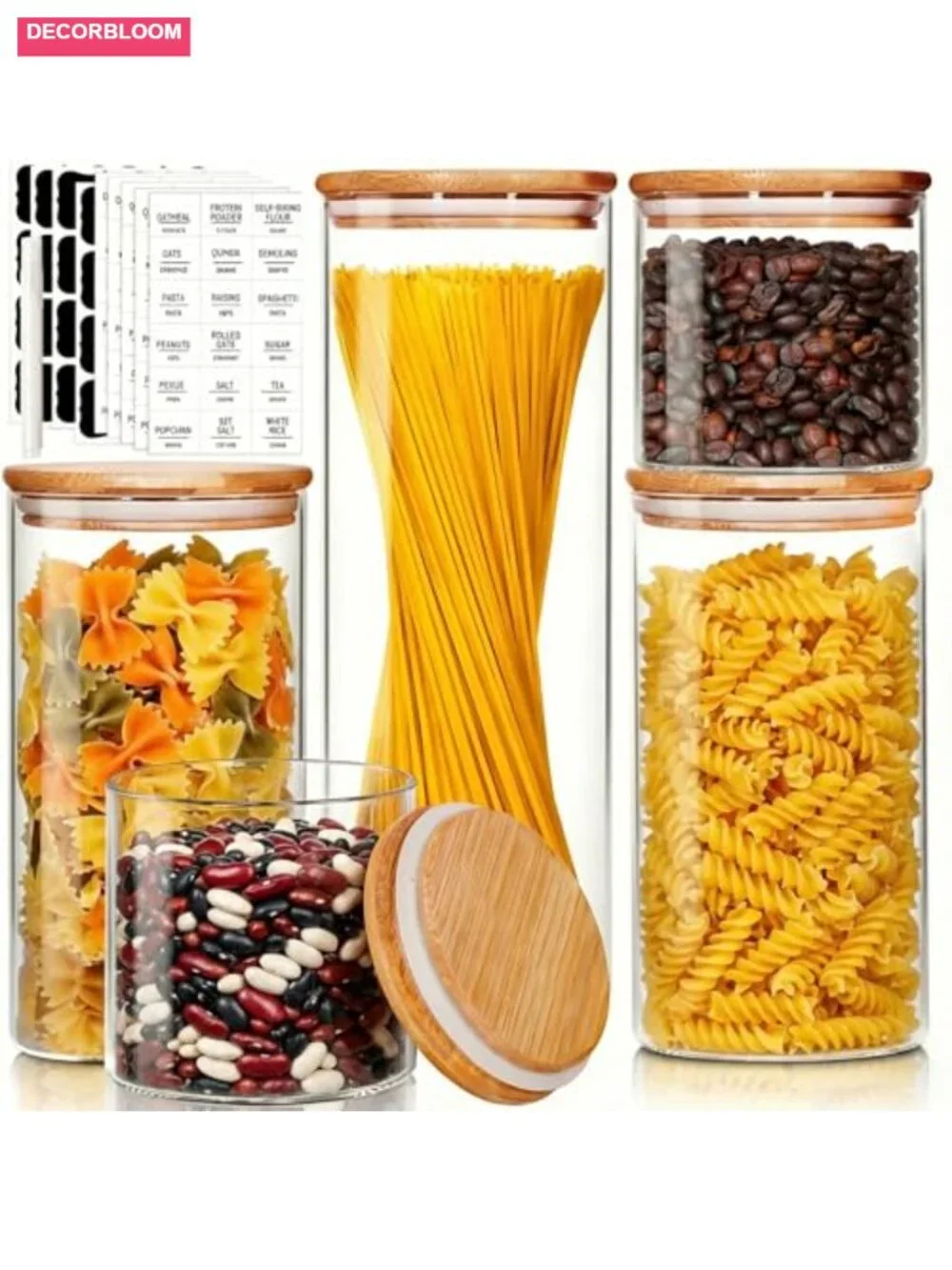 5 Glass Jars with Bamboo Lids Airtight Food Storage Canisters